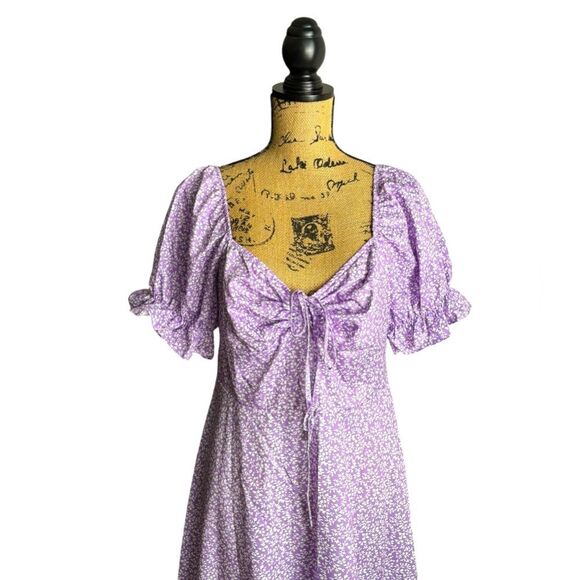 SHEIN Purple Plants Print Drawstring  Ruched Front Dress Size Large NWOT - Picture 2 of 7